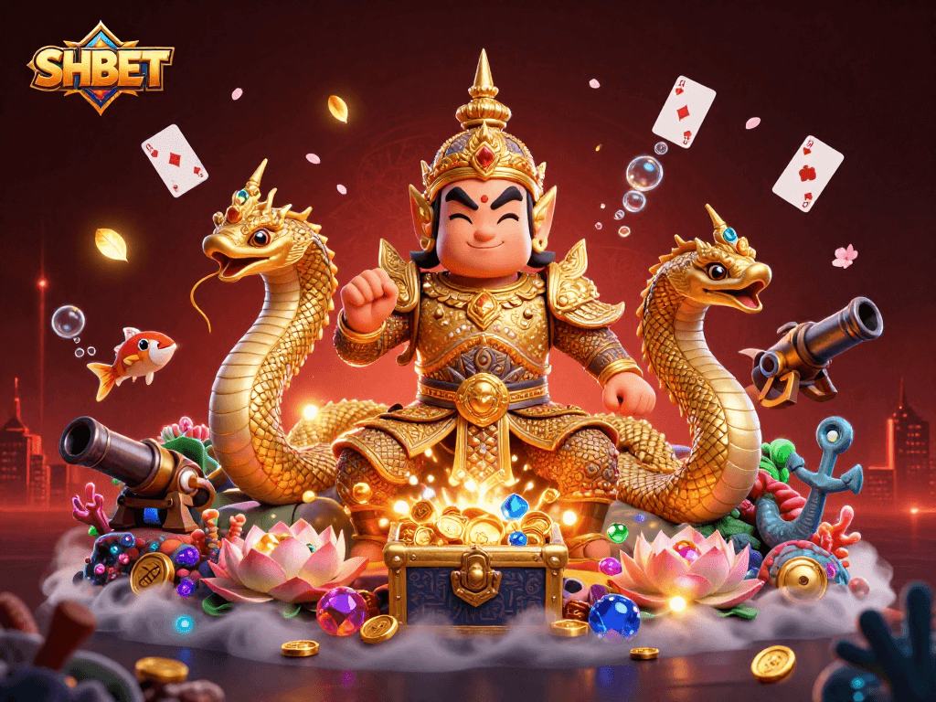 Experience the excitement of SHBET casino gaming with a vibrant 3D illustration featuring characters and treasures.
