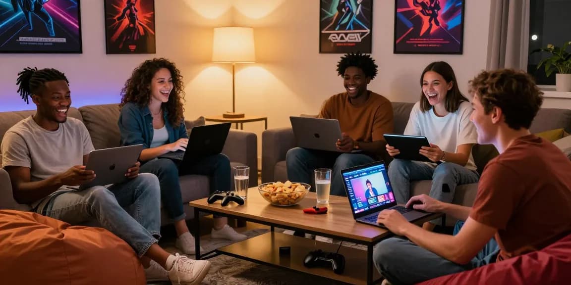 Group of friends enjoying game porn together on laptops and tablets in a cozy living room.
