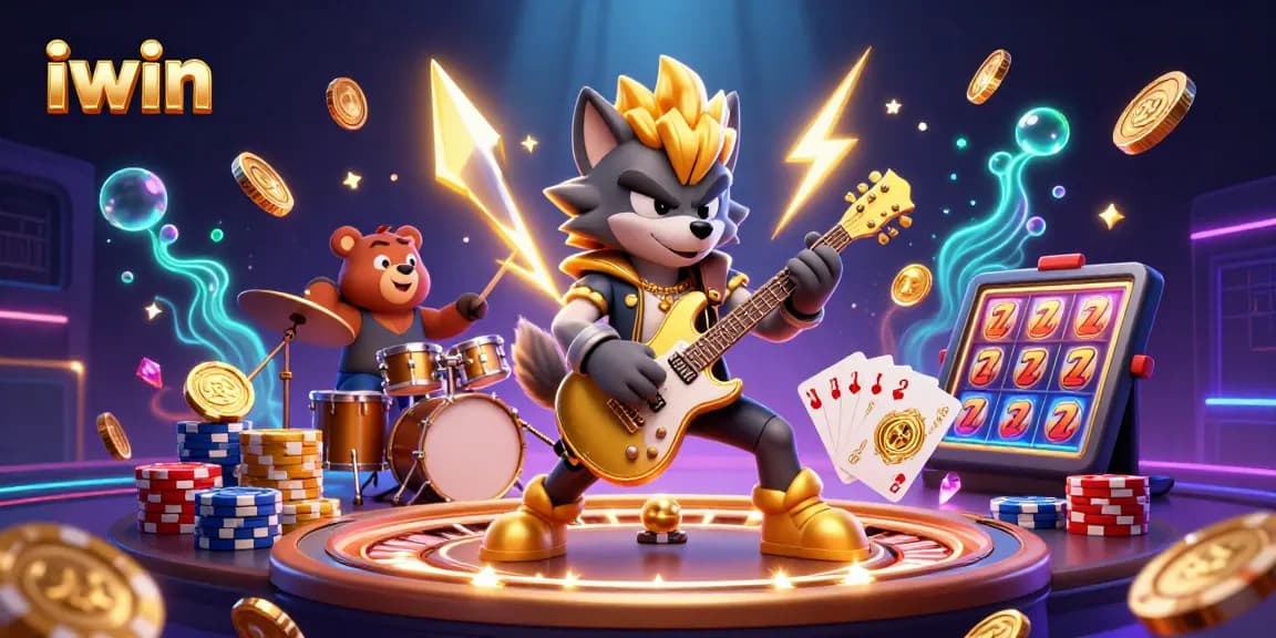 Experience thrilling wins at iwin with the dynamic wolf and bear rock stars performing on a vibrant casino stage.