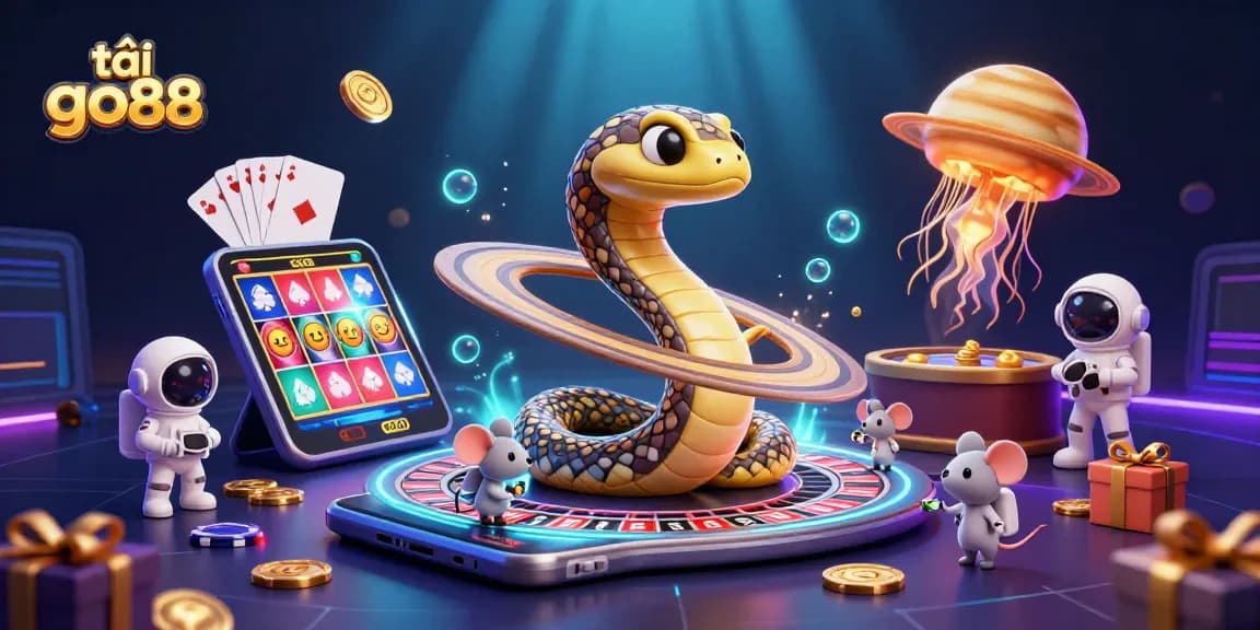 Experience the excitement of tải go88 with a cosmic casino scene featuring a Saturn snake and astronaut mice.