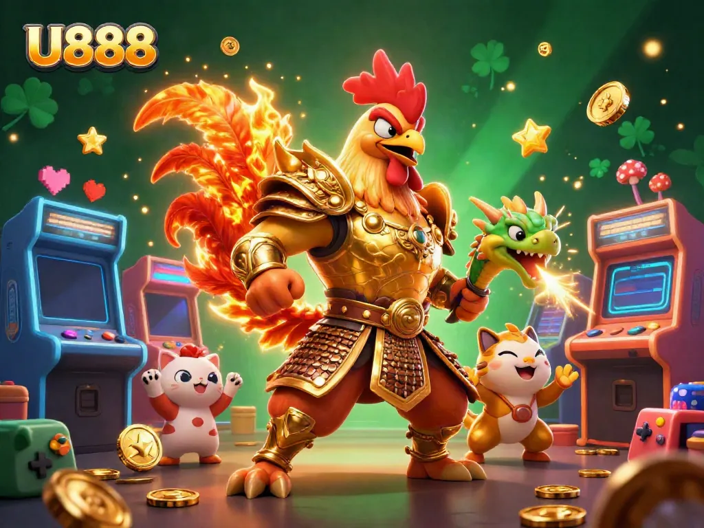 U888's dynamic casino illustration featuring a rooster warrior, dragon hatchling, and fortune cat amidst gaming elements.