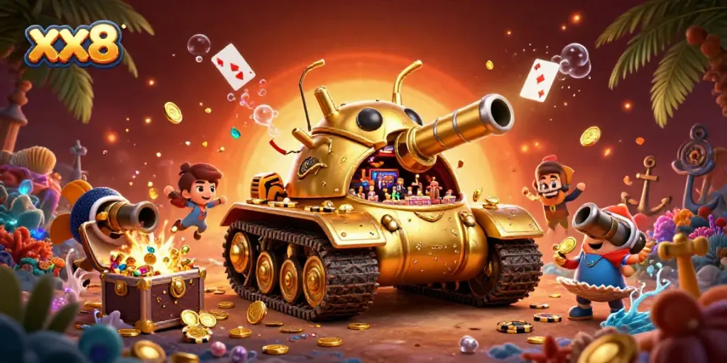 Engage with xx8's vibrant and dynamic digital casino atmosphere featuring a mini casino inside a golden beetle tank.