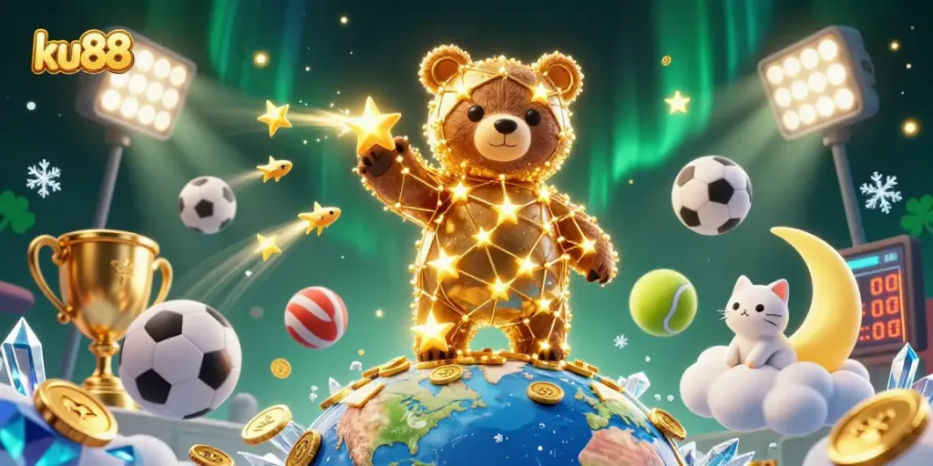 ku88 showcases exciting sports betting action with vibrant 3D illustrations of dynamic game elements.
