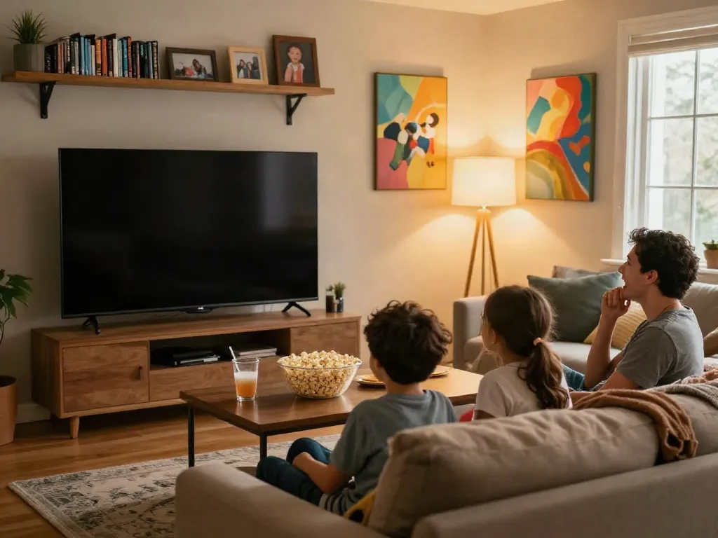 Family gathered in a warm living room to watch movies together, creating a cozy atmosphere.