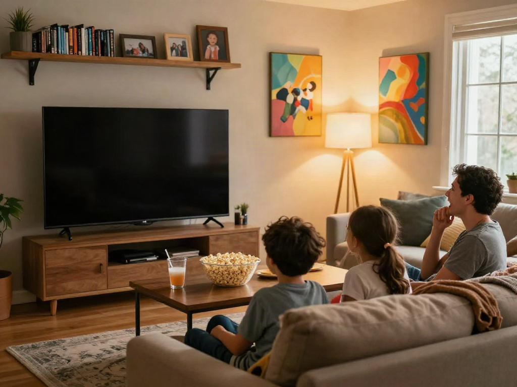 Family gathered in a warm living room to watch movies together, creating a cozy atmosphere.