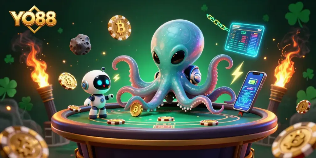 Engaging YO88 poker scene with an alien octopus, robot companion, and orbiting chips.