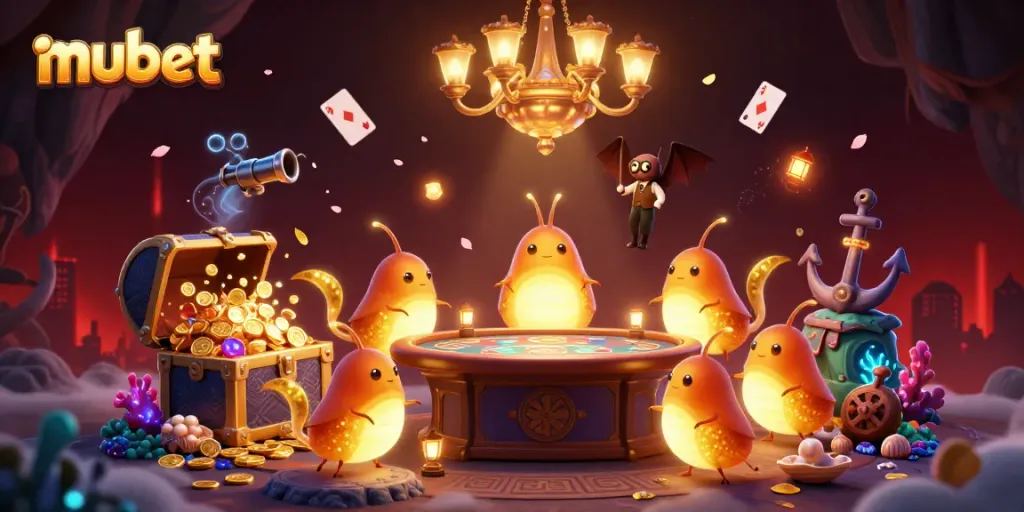 Illuminating a lively underground casino scene with bioluminescent glowworms and a bat dealer, representing mubet