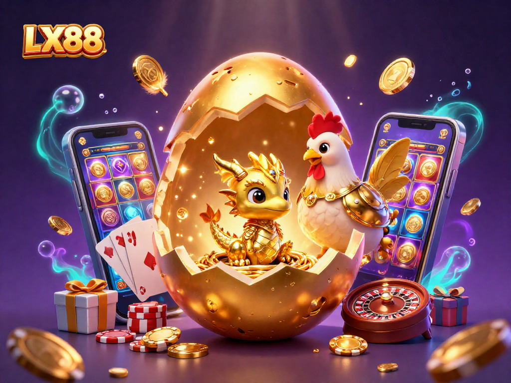 Watch LX88's golden baby dragon thrive in a rich gaming world of poker chips and vibrant slot games.