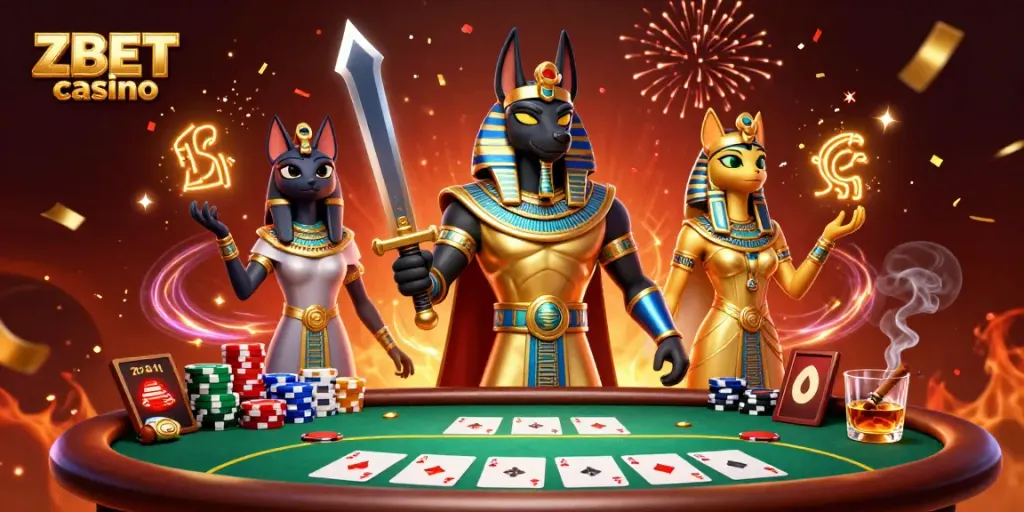 Engage with ZBET casino featuring an ancient Egyptian warrior and sacred cat amidst a vibrant poker scene.