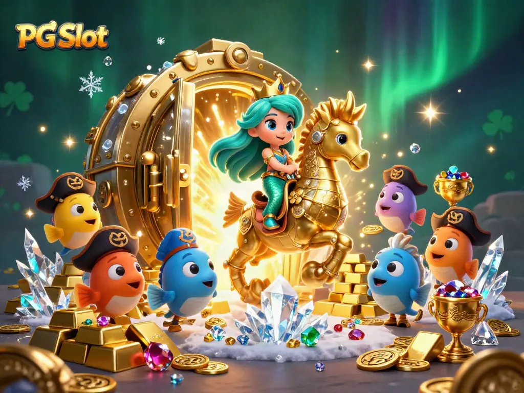 Experience thrilling PG Slot adventures with a mermaid and her seahorse in a treasure-filled scene!