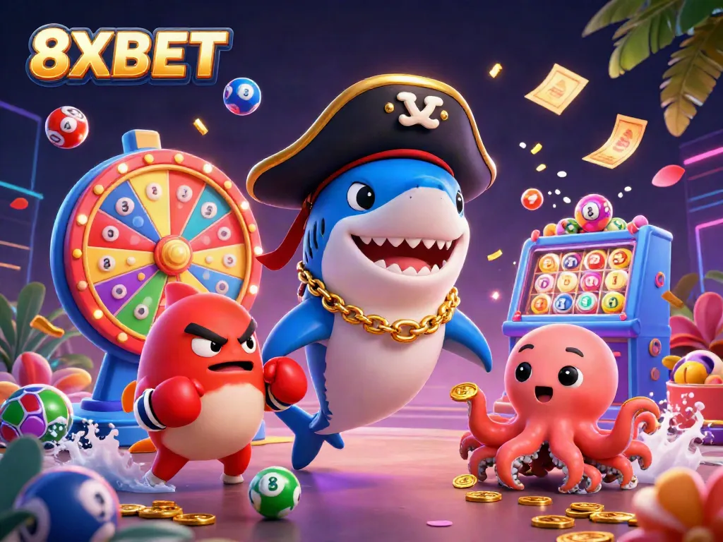 Engage in exciting gaming moments with 8XBET's vibrant lottery scene featuring colorful characters and dynamic game elements.