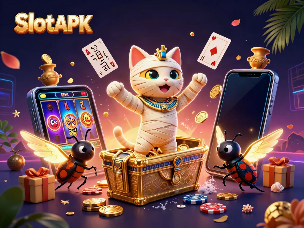 Spin your luck with Slot APK featuring a vibrant scene of a mummy cat and gaming elements.