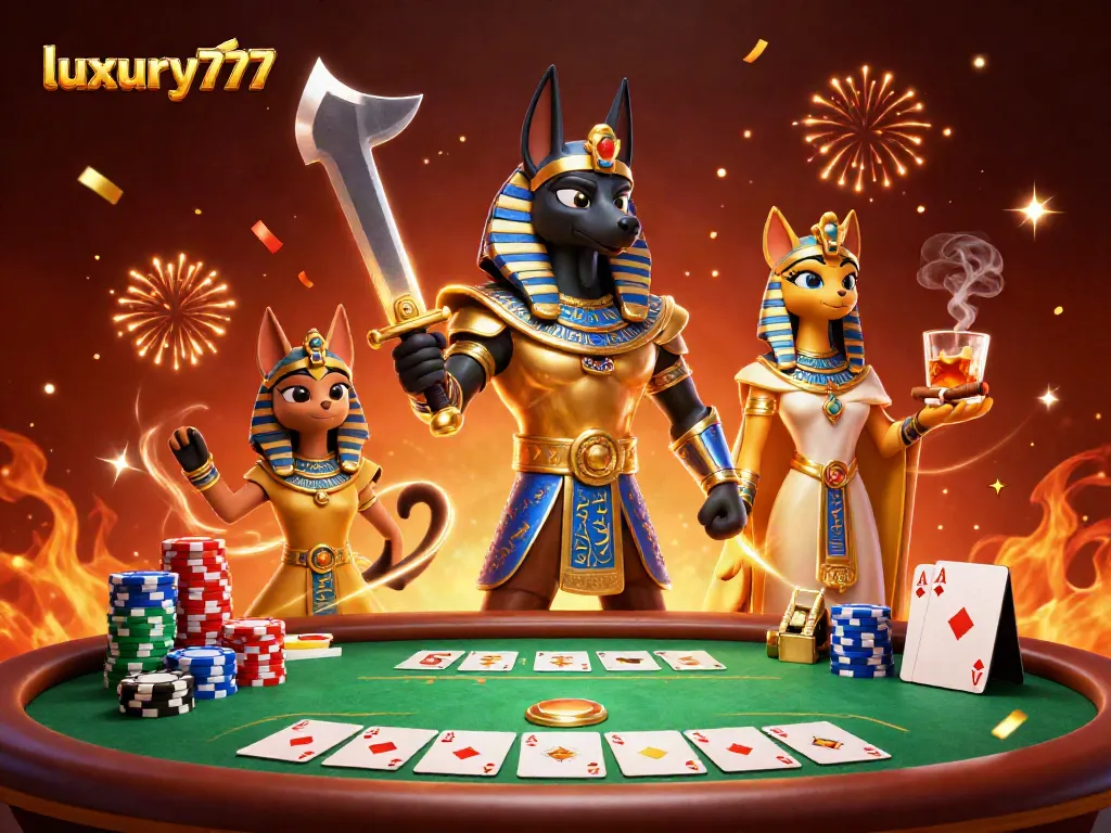 Experience a luxurious gaming atmosphere with luxury777 showcasing Anubis and poker elements.