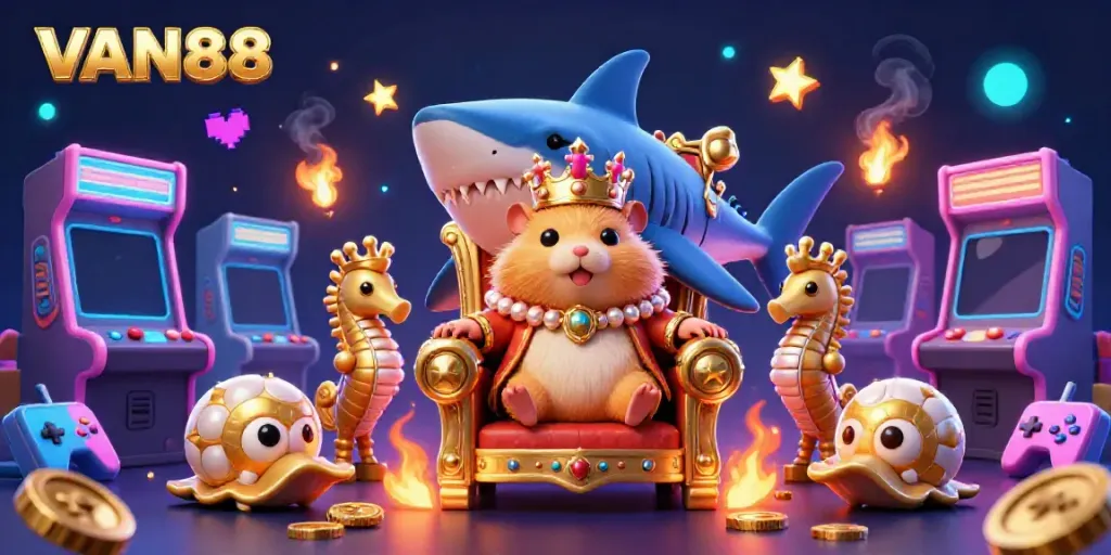 Experience the thrill of VAN88 with a golden hamster king amidst vibrant casino elements in this dynamic illustration.