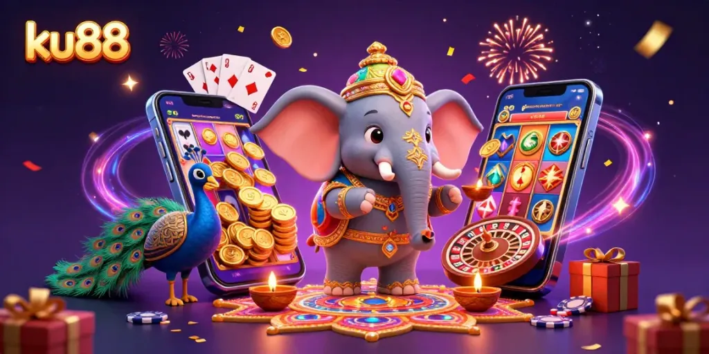 Engage in ku88 casino excitement with vibrant characters, game elements, and celebratory effects.