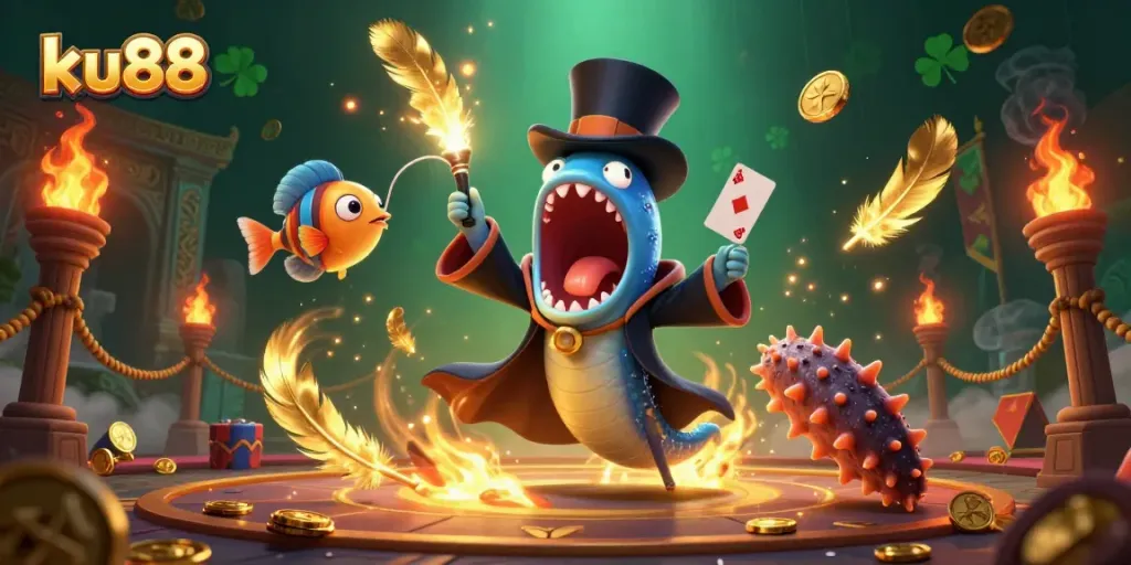 Experience thrilling card tricks with ku88 in a vibrant underwater casino setting.