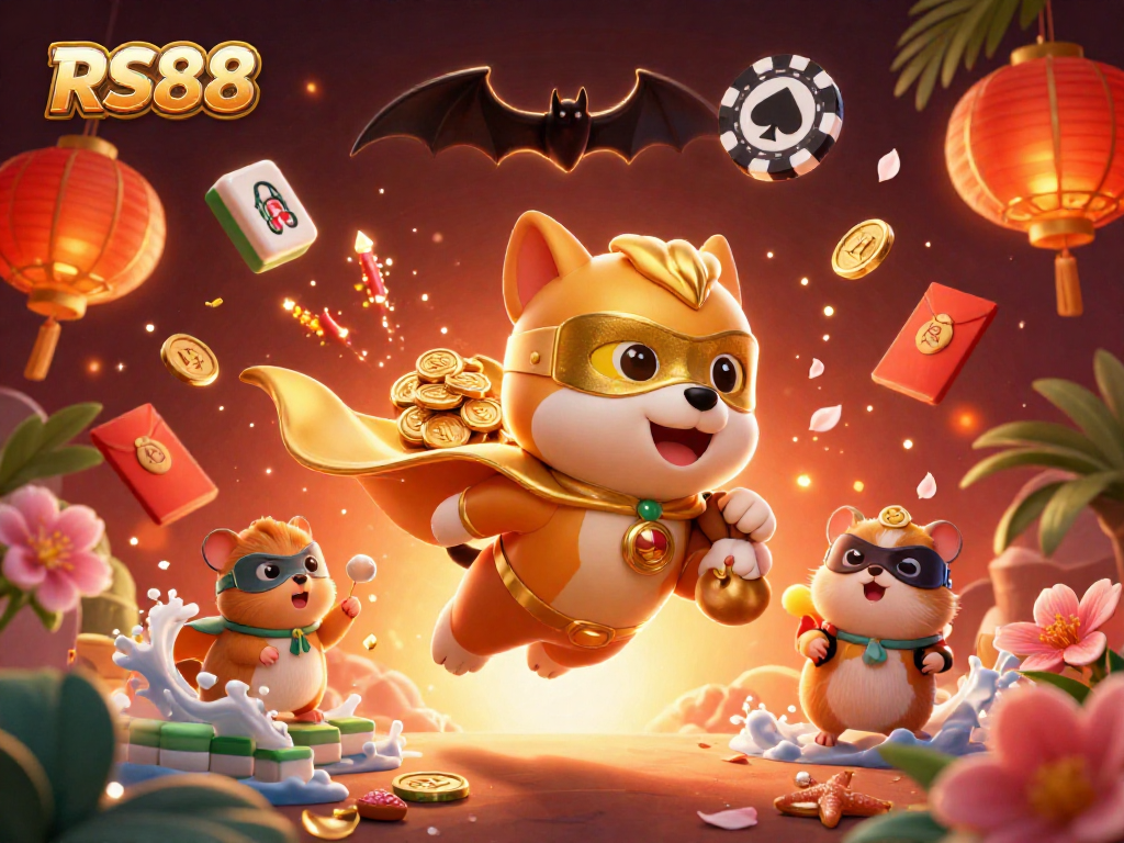 Experience thrilling gameplay at RS88 with a vibrant illustration of a superhero dog and hamster in action.