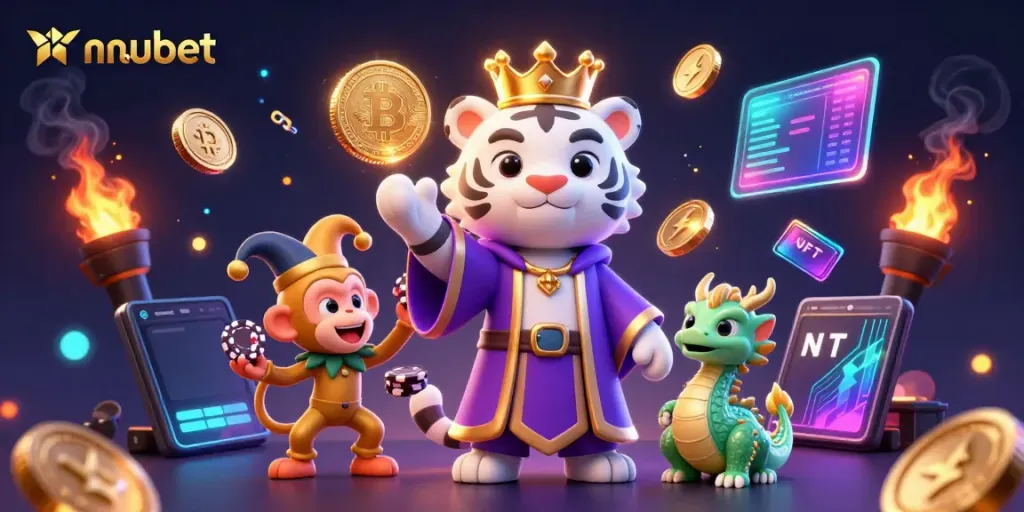 Experience the vibrant casino world of mubet with a dynamic 3D scene featuring a royal white tiger, jester monkey, and jade dragon.