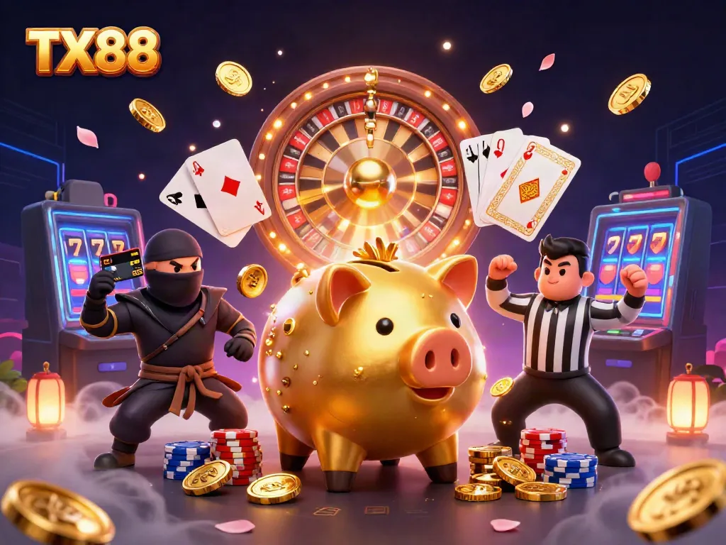 TX88 showcases an animated scene with a golden piggy bank sumo wrestler and casino elements bursting with coins.