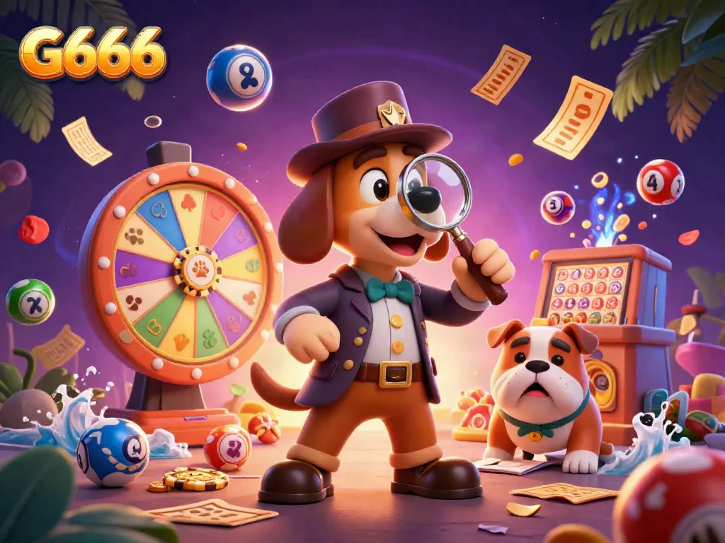 Experience thrilling G666 casino action with a cartoon detective and colorful lottery elements.