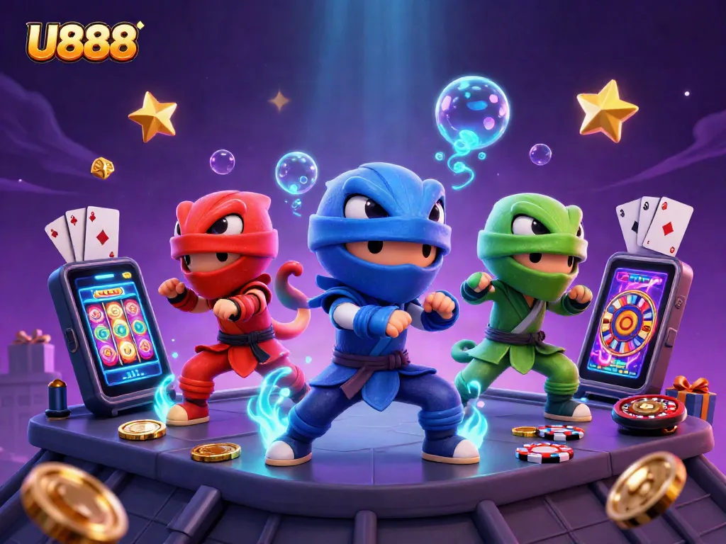 U888 captures action with ninja chameleons amidst vivid casino elements in a dynamic scene.