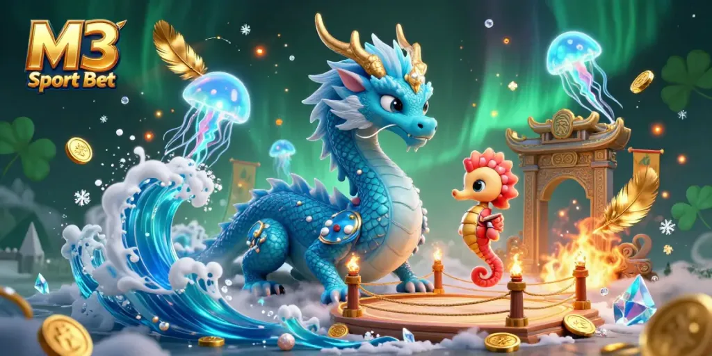 M3 Sport Bet welcomes players into a vibrant 3D casino world, featuring an azure water dragon and seahorse knight.
