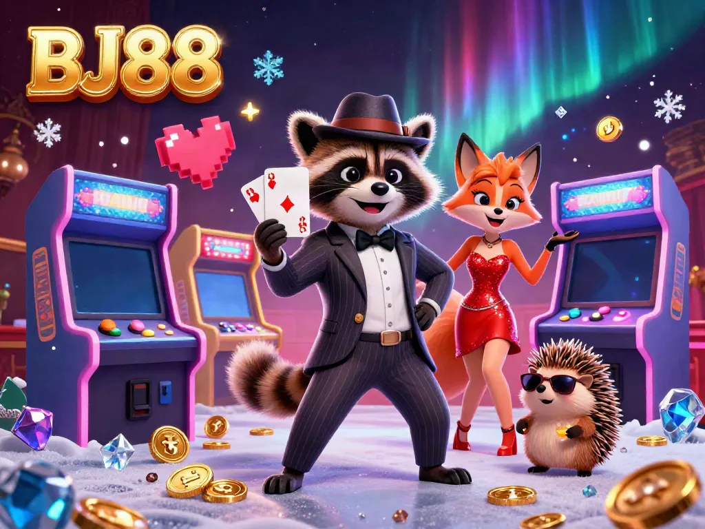 Experience the thrill of BJ88 with a suave raccoon, a glamorous fox, and a confident hedgehog, surrounded by vibrant gaming elements.