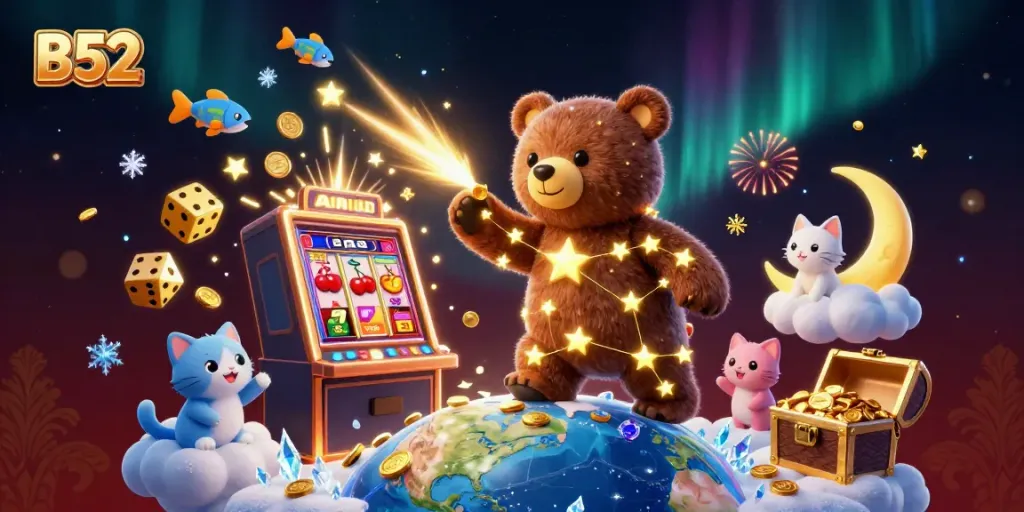 Experience B52-themed excitement with a constellation bear, slot machine, and golden coins!
