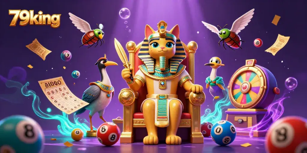 Experience thrilling gameplay with 79king in this rich 3D casino scene featuring pharaoh characters and vibrant lottery elements.