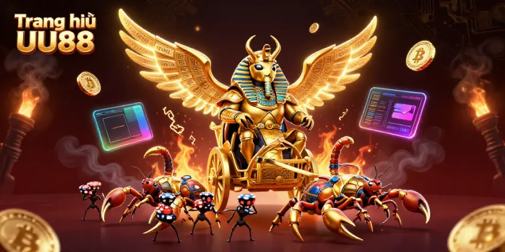 Engage with Trang chủ UU88 through exciting casino adventures featuring a pharaoh's scarab and treasure.