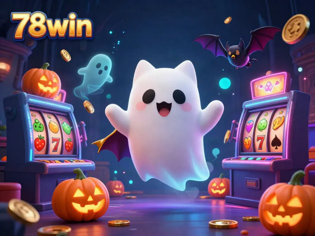 Engage in thrilling experiences at the 78win casino with a ghost cat and vampire bat amidst slot machines.