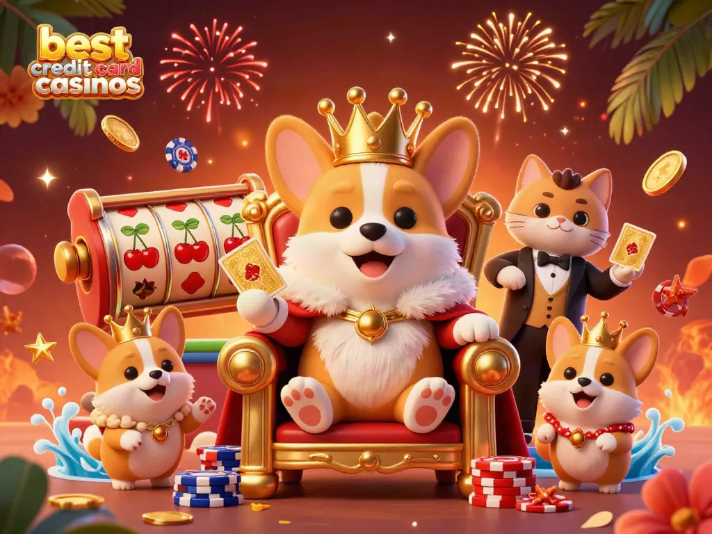 The best credit card casinos scene features a royal corgi on a poker chip throne, surrounded by slot reels and fireworks.