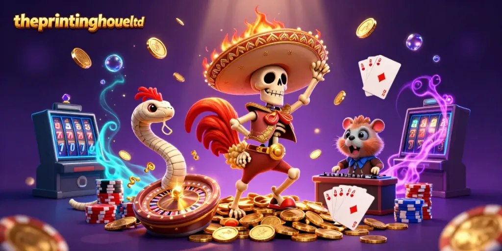 Experience thrilling gaming moments with theprintinghouseltd at a vibrant casino scene filled with lively characters.