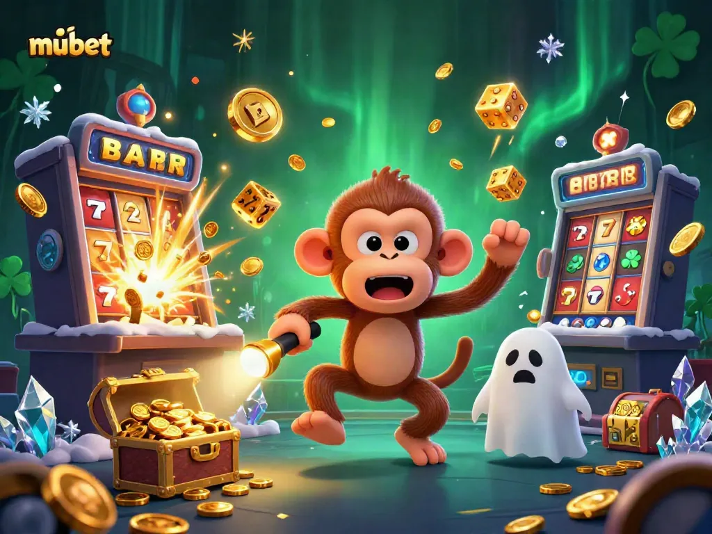 Mubet presents a lively scene with a ghost-hunter puppy tracking a playful poltergeist monkey in a bustling casino.