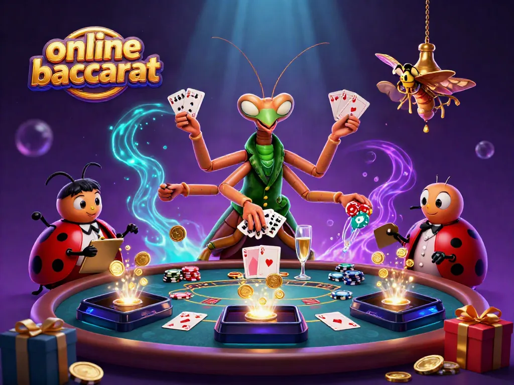 Experience the excitement of online baccarat with a charming 3D illustration featuring unique characters and vibrant casino elements.