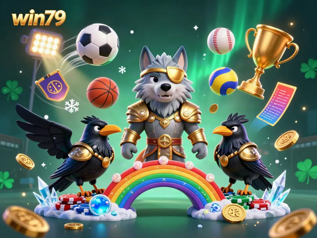 Win79 showcases a Norse-inspired Odin wolf and ravens amidst dynamic casino elements for an energetic gambling scene.