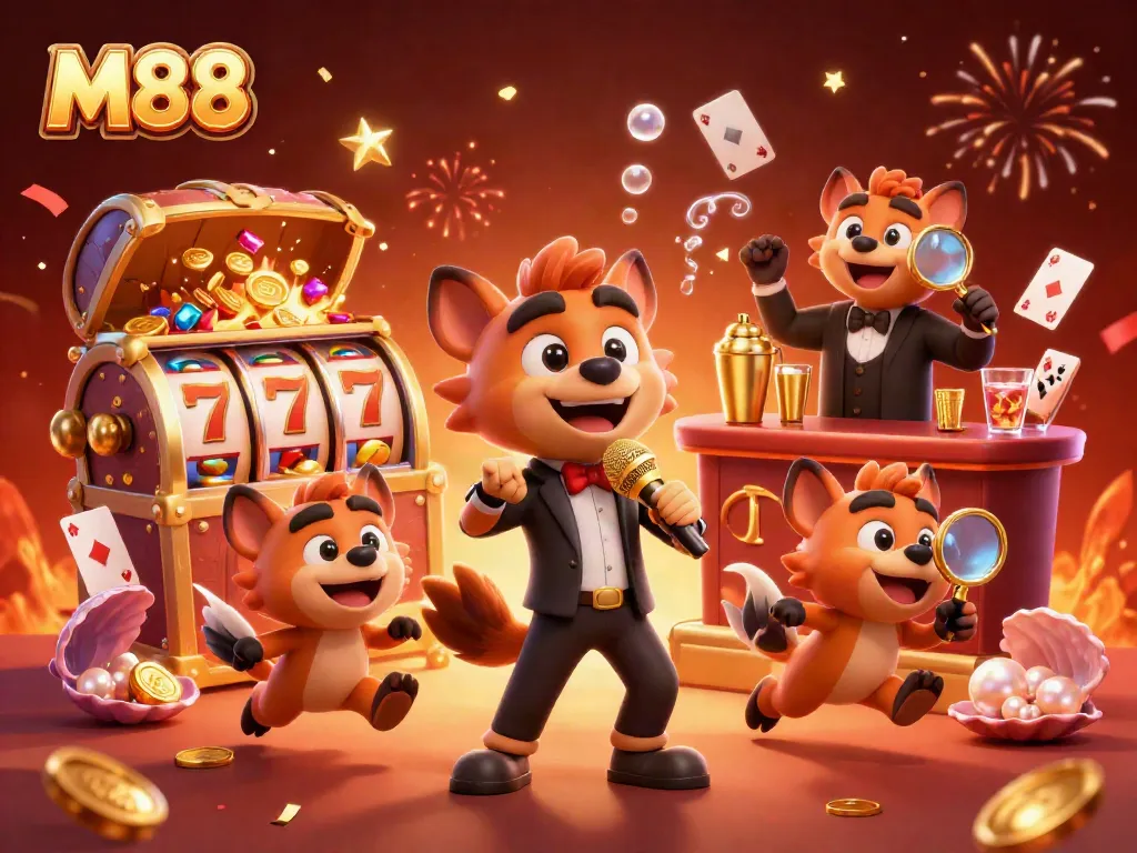 M88 illustrates lively hyenas in a comedy casino club, showcasing slots and celebratory elements in an engaging scene.