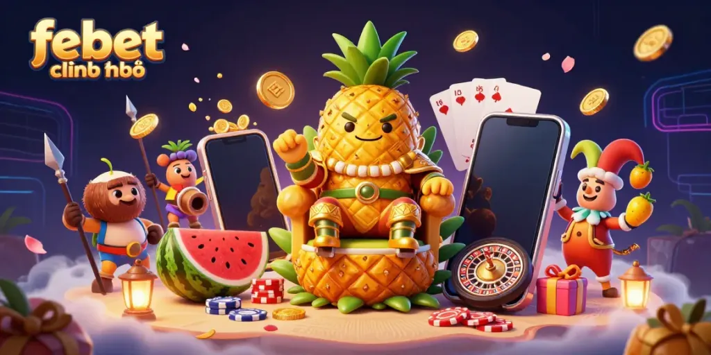 Encounter the vibrant casino scene featuring febet chính thức with golden characters and engaging gaming elements.