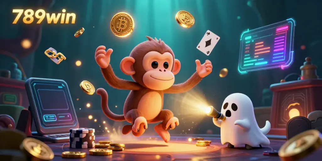 Experience the thrilling 789win casino environment with a mischievous poltergeist juggling golden gaming items.