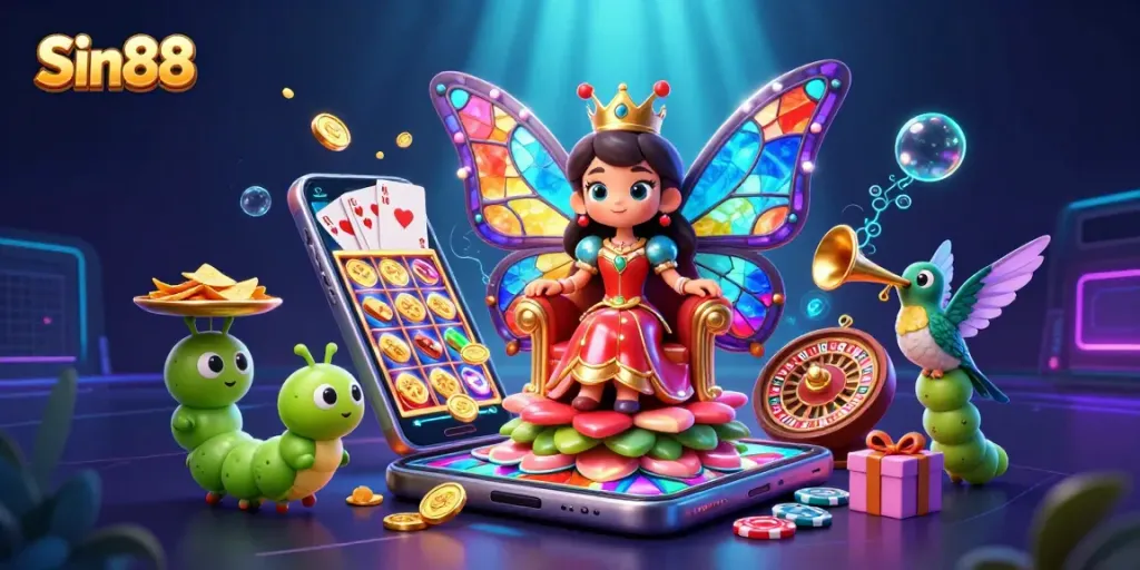 Experience thrilling moments at Sin88 with a vibrant 3D casino illustration full of exciting gaming elements.