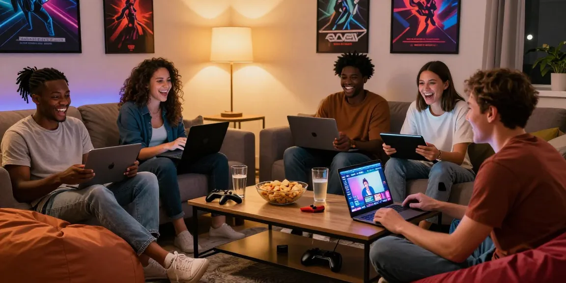 Group of friends enjoying game porn together on laptops and tablets in a cozy living room.