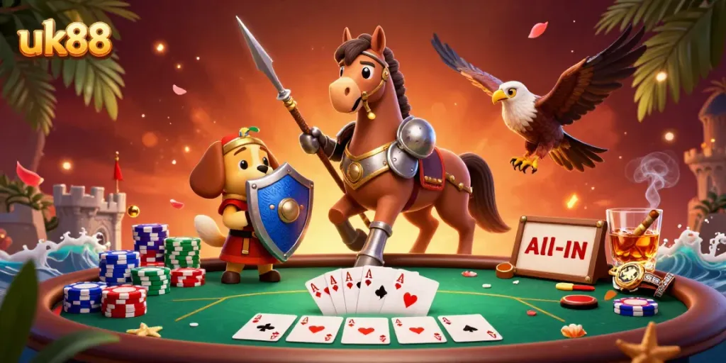 Experience the thrill with uk88 at a lively poker game, showcasing captivating characters in dynamic action.
