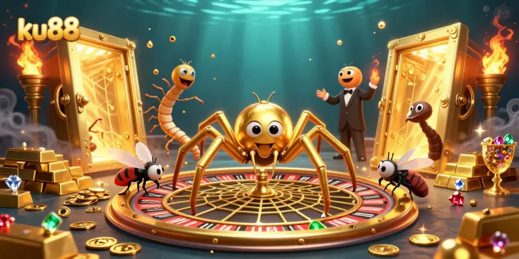 ku88 invites players to the gaming world, showing a golden spider spinning a roulette wheel.