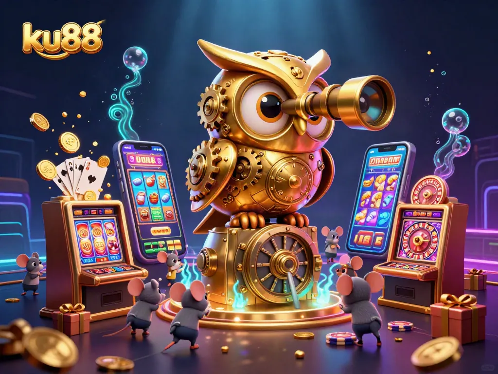 ku88 spins colorful slot game while a golden owl surveys the busy casino floor
