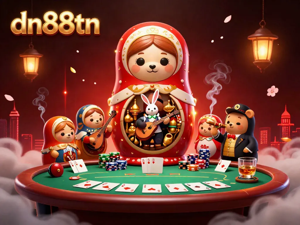 Play poker at dn88tn with vibrant scenes featuring Matryoshka bears and colorful chips.