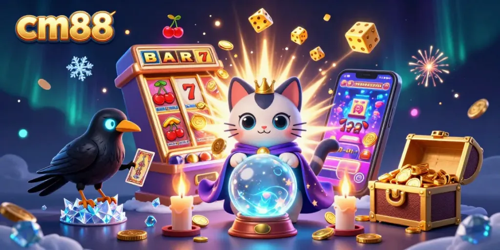 Spin and win big with cm88 in this vibrant, immersive digital casino illustration featuring a mystic cat and a raven.