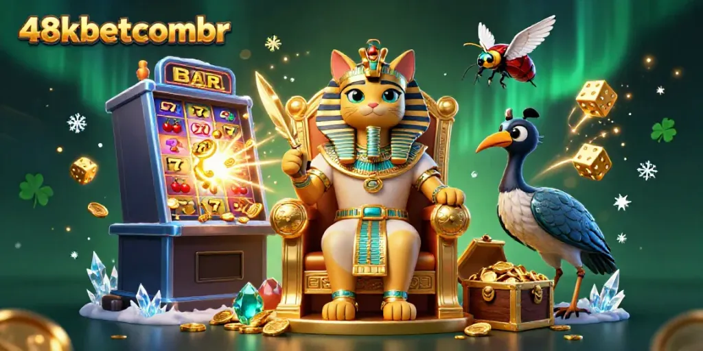 Experience the excitement at 48xbetcombr with a pharaoh cat, jackpot symbols, and colorful gaming elements.