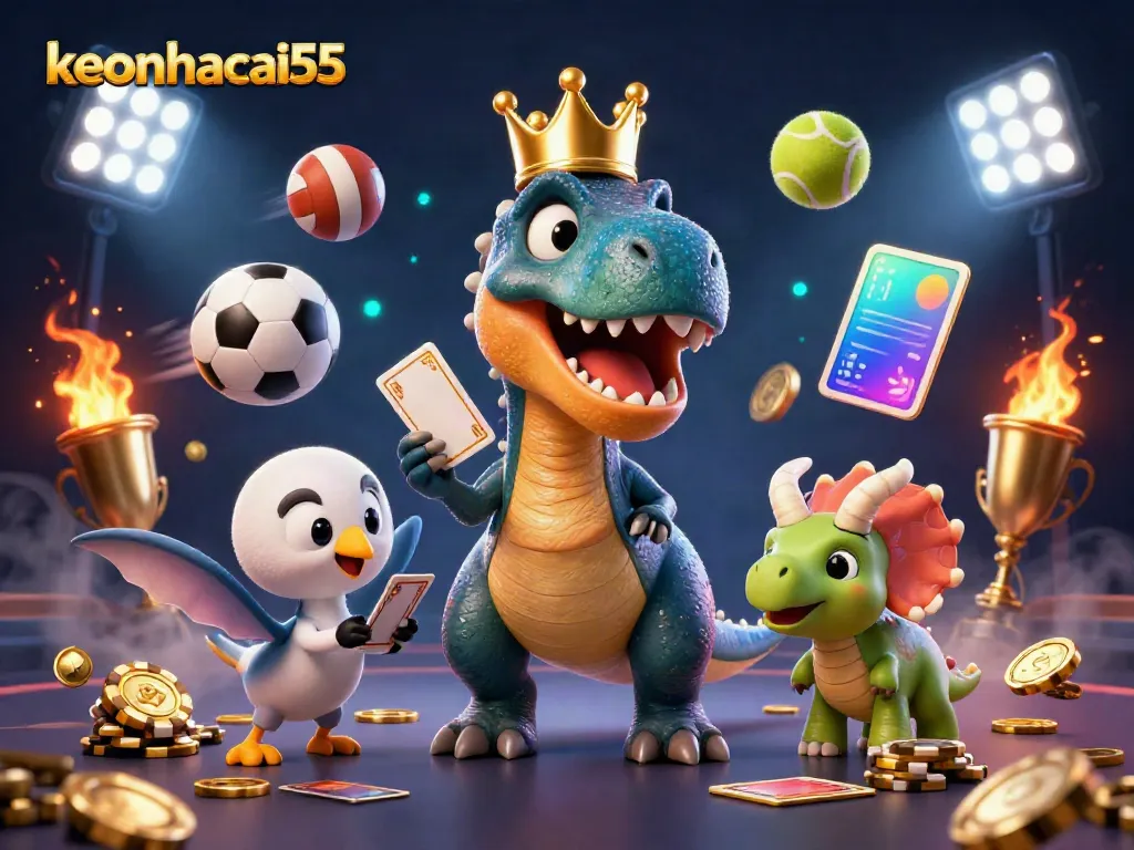 Join the fun at keonhacai55 with this playful T-Rex and friends enjoying a lively casino game.