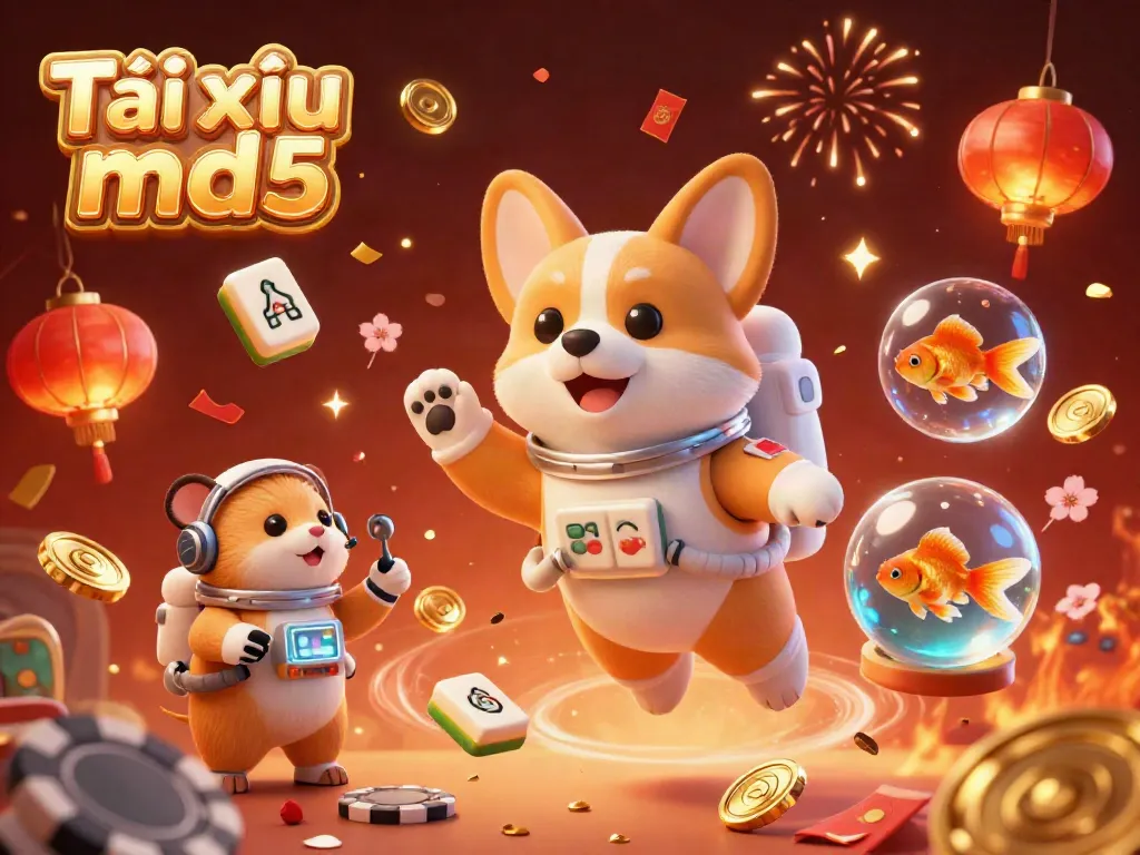 Experience the excitement of Tài xỉu md5 with a floating 3D astronaut corgi and vibrant casino elements.