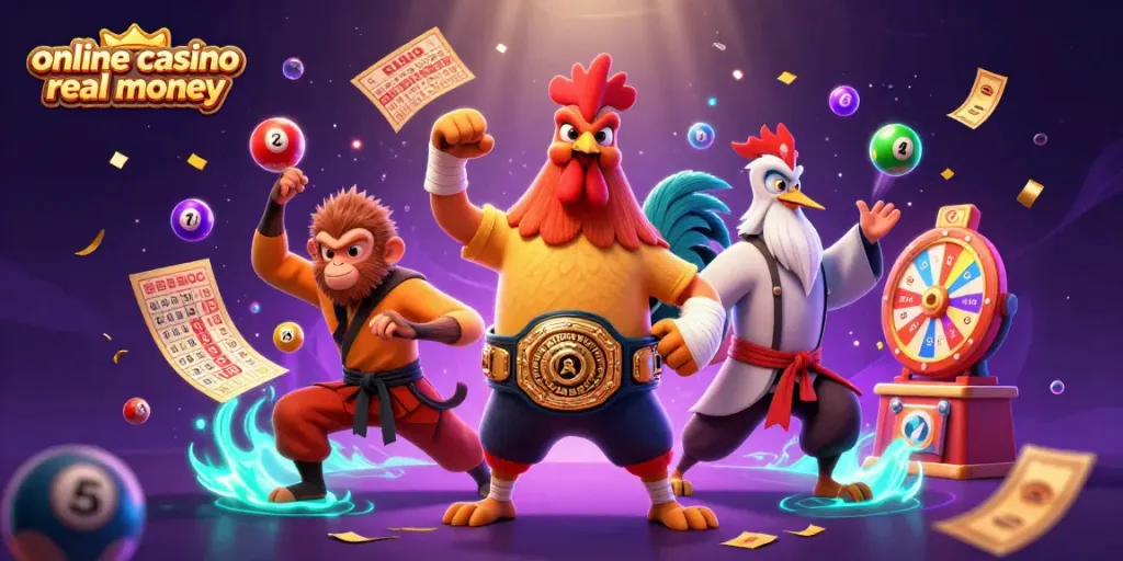 Experience thrilling gameplay at an online casino real money, featuring cartoon characters in a dynamic casino scene.
